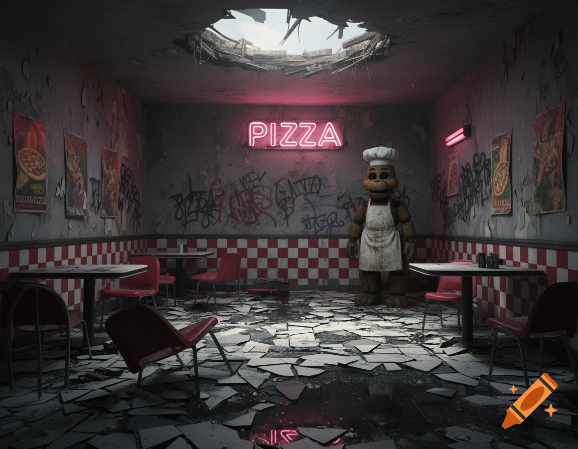 An abandoned, post-apocalyptic pizza parlor with peeling walls, graffiti, broken tiled floor, and a dim neon PIZZA sign, featuring a static animatronic chef amid overturned chairs and tables.