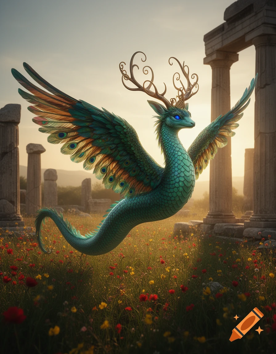 A teal winged fantasy creature with deer antlers and peacock feathers hovers over a wildflower field near ancient Greek ruins at sunset.