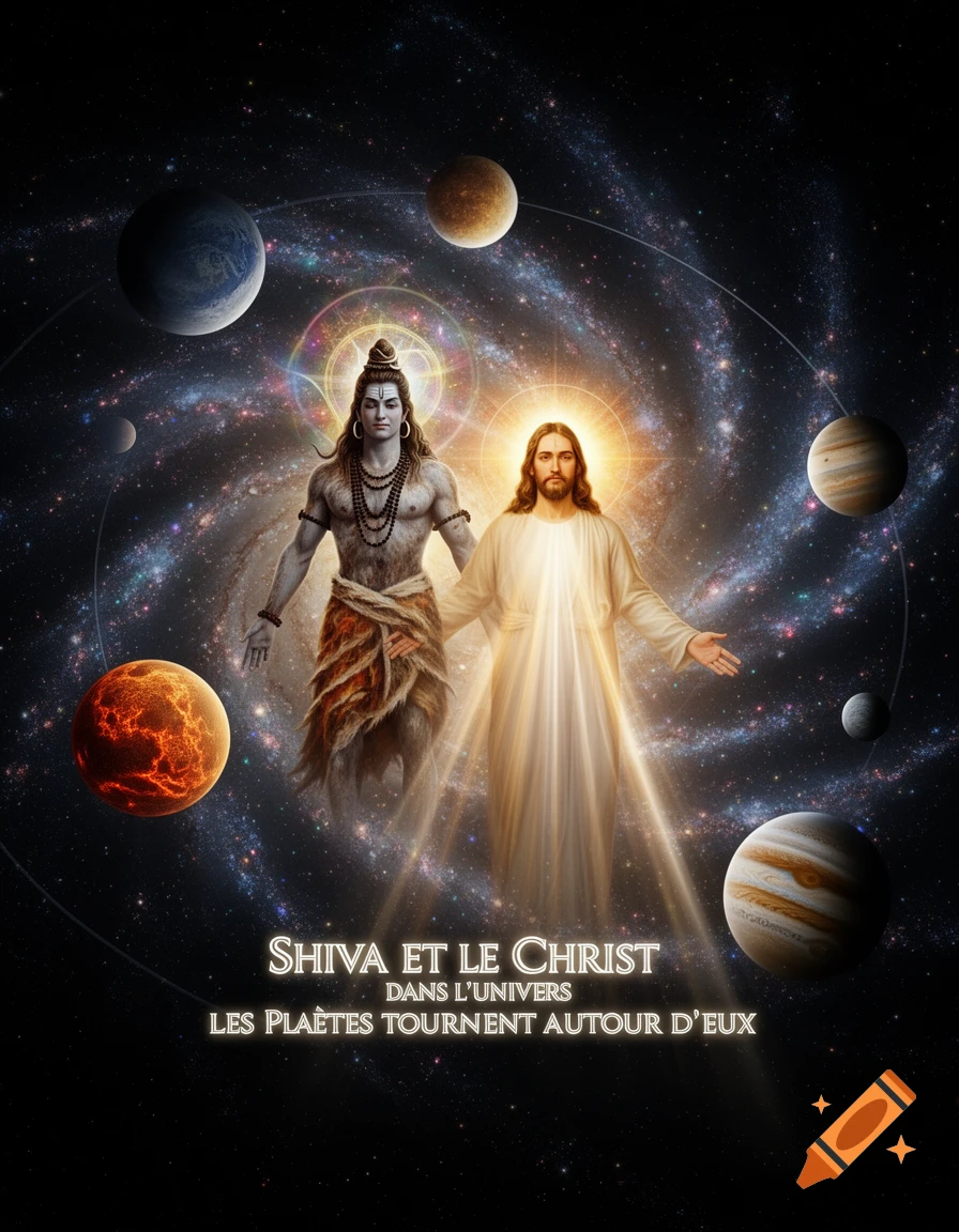 Shiva and Jesus standing in a cosmic scene with planets orbiting around them, against a backdrop of a swirling galaxy and stars. The image includes French text at the bottom.