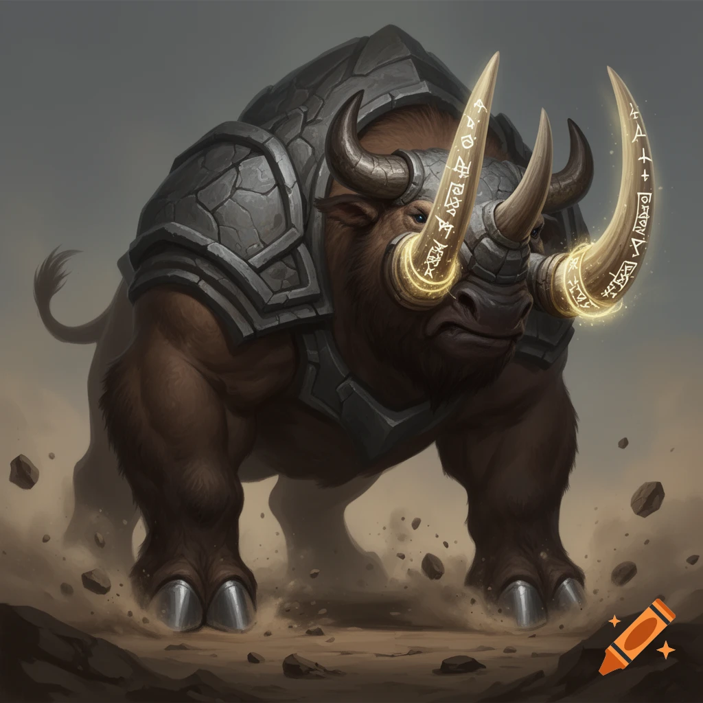A majestic bison-rhino hybrid monster with stone-gray armor and glowing runic tusks stands in a battle-ready stance, kicking up dust.