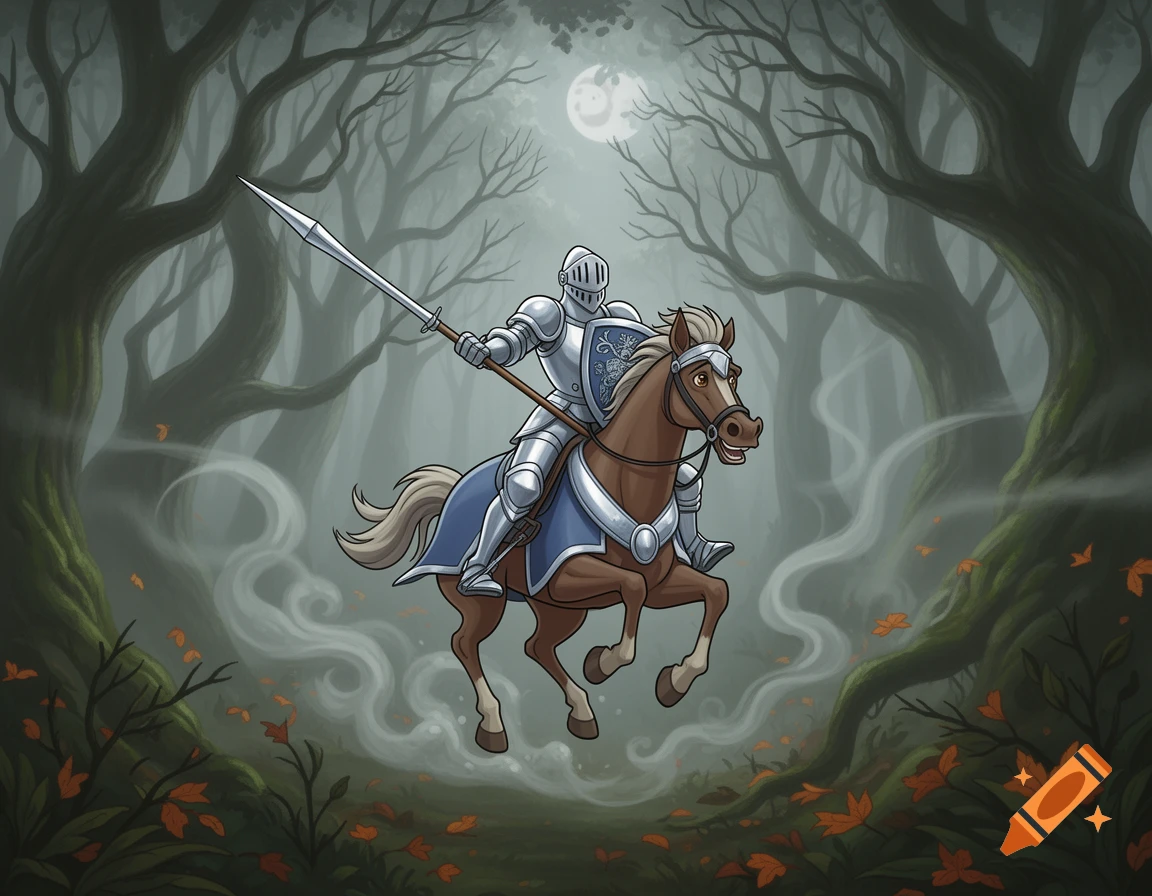 Cartoon knight in shining armor with a spear on a galloping horse through a foggy, dark forest under a full moon.