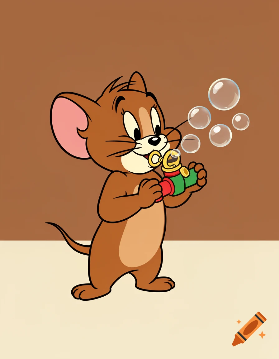 Jerry the cartoon mouse blows bubbles from a green and red bubble wand against a two-tone brown background.