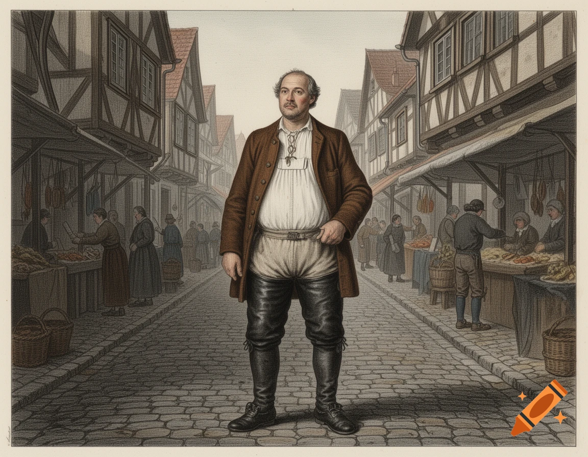 A Franconian peasant man in a brown coat stands on a cobblestone street in a bustling German market town, in a historical illustration.