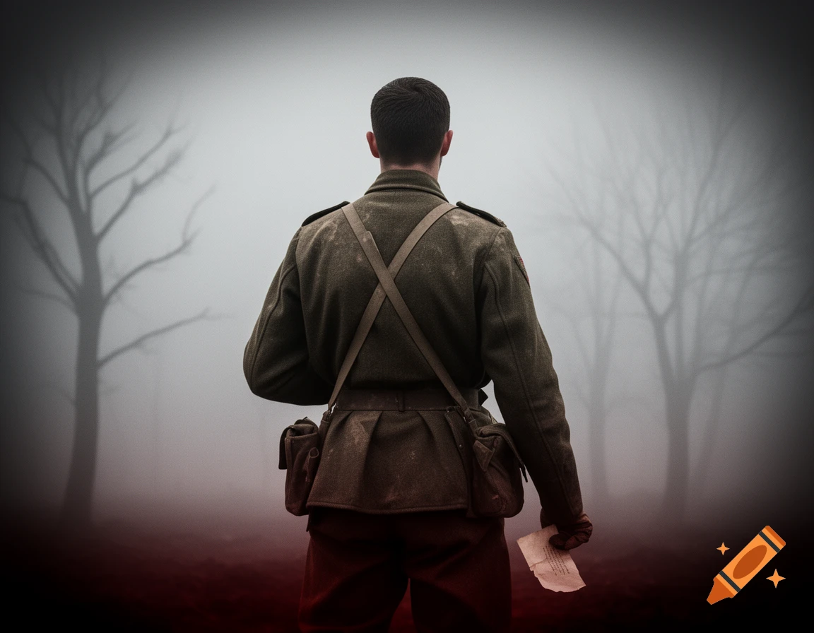 A soldier in an olive uniform stands with his back to the viewer in a foggy, desaturated landscape, holding a crumpled letter.