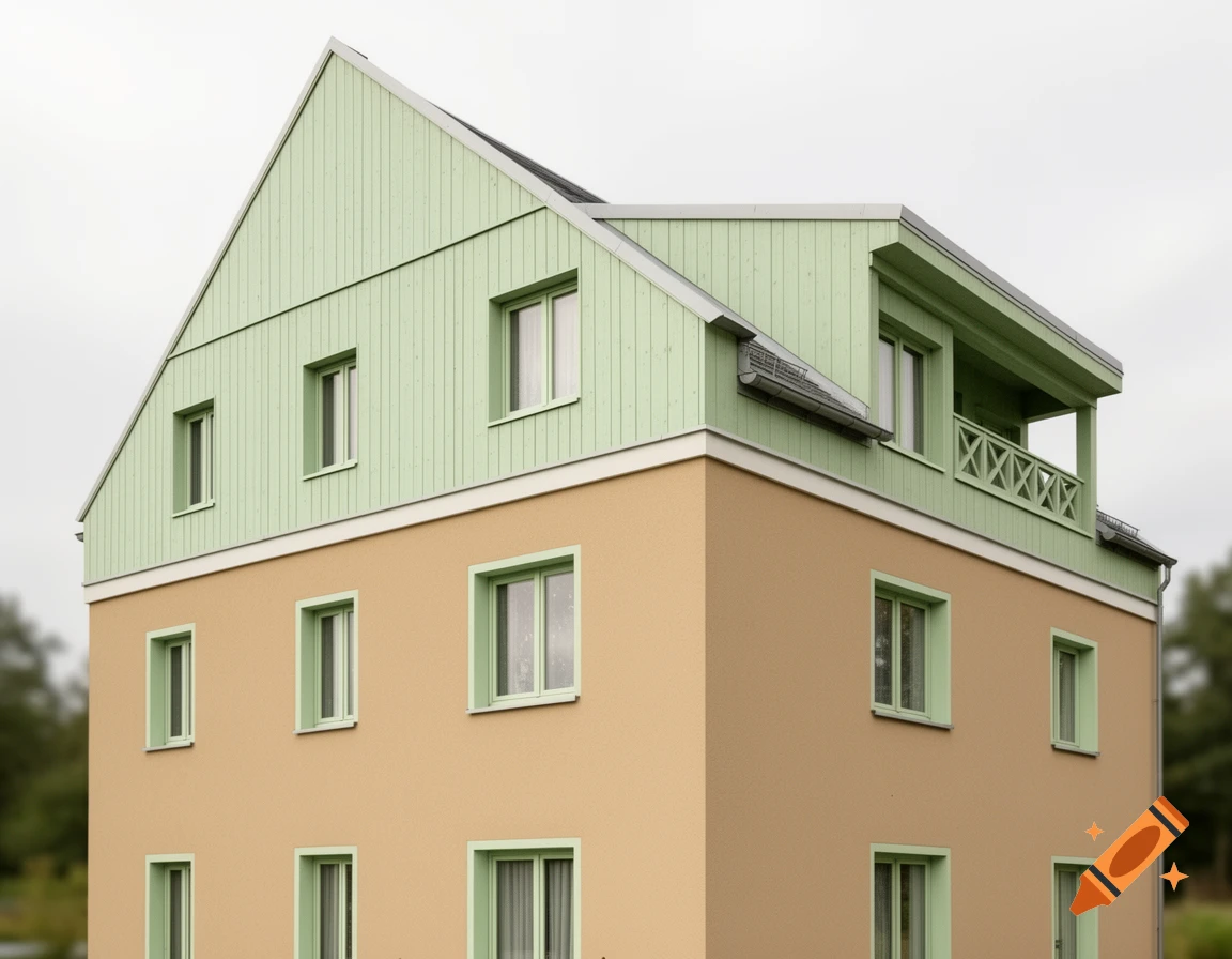 Modern residential building with a sand-colored lower facade and a light green upper facade, featuring multiple windows and a loggia.