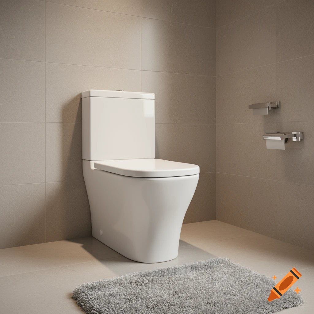 A modern white toilet with a closed lid sits in a minimalist bathroom with beige tiled walls and floor, and a gray bath mat.