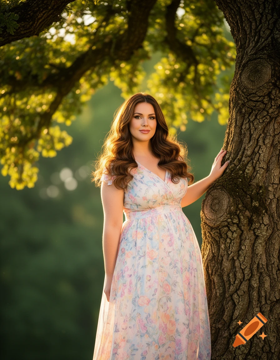 A woman with long wavy brown hair, wearing a floral summer dress, leaning against a tree bathed in golden sunlight.