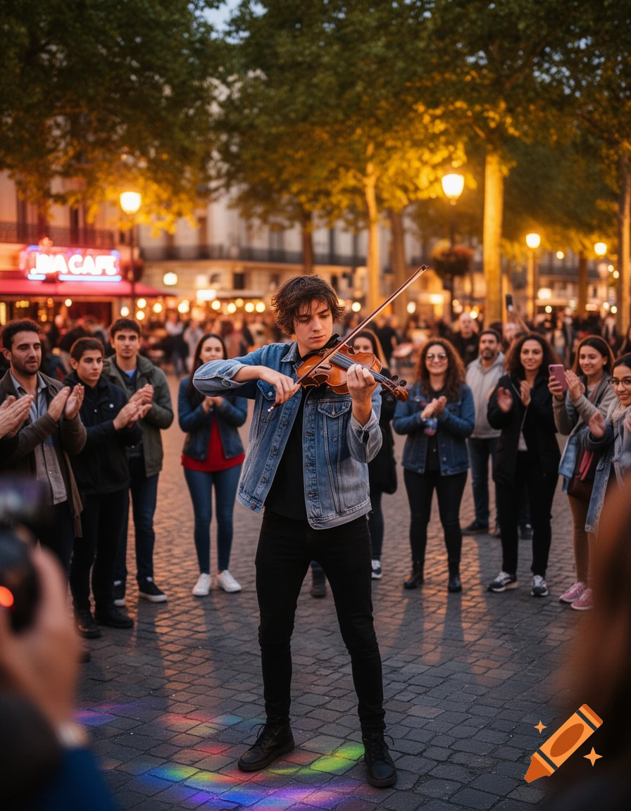 A young man with curly hair plays a violin in a public square at night, surrounded by an appreciative crowd. Colorful lights illuminate the cobblestone ground. A neon "CAFE" sign is visible in the background.