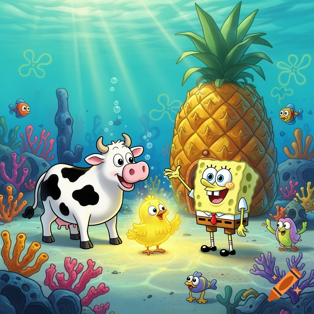 Spongebob, a cow, and a glowing chick on the ocean floor in front of the pineapple house, a colorful cartoon illustration.