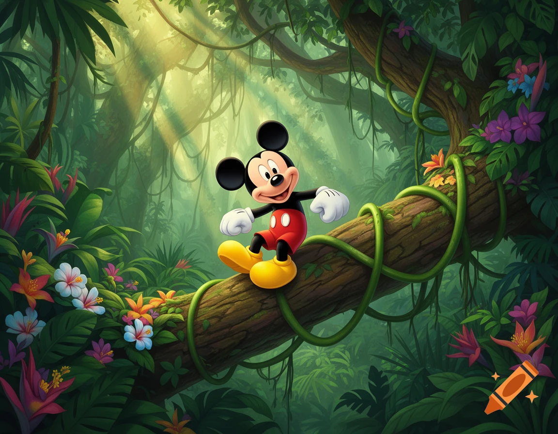Mickey Mouse stands on a vine-covered tree limb in a lush, sunlit jungle in a vibrant cartoon style.