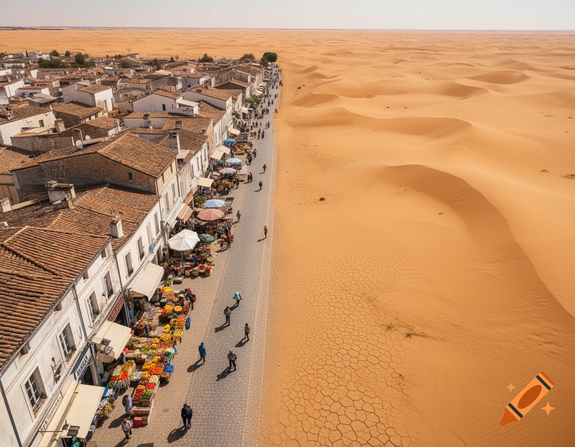 An aerial view of a bustling market street in a town, bordered by a vast, golden desert under a clear sky.