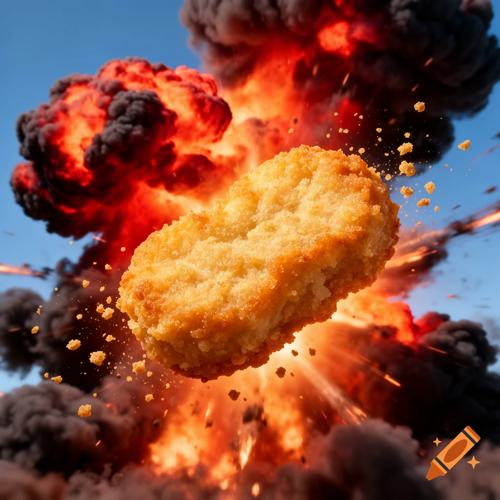 A photorealistic chicken nugget floats in front of a massive explosion of fire and dark smoke under a blue sky.