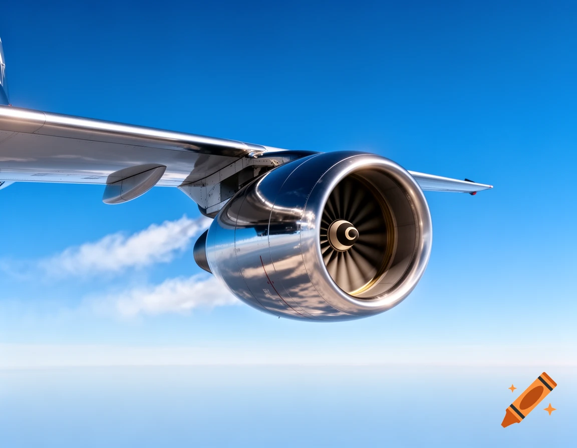 Close-up of a jet aircraft engine and wing reflecting the blue sky, with fan blades in motion.