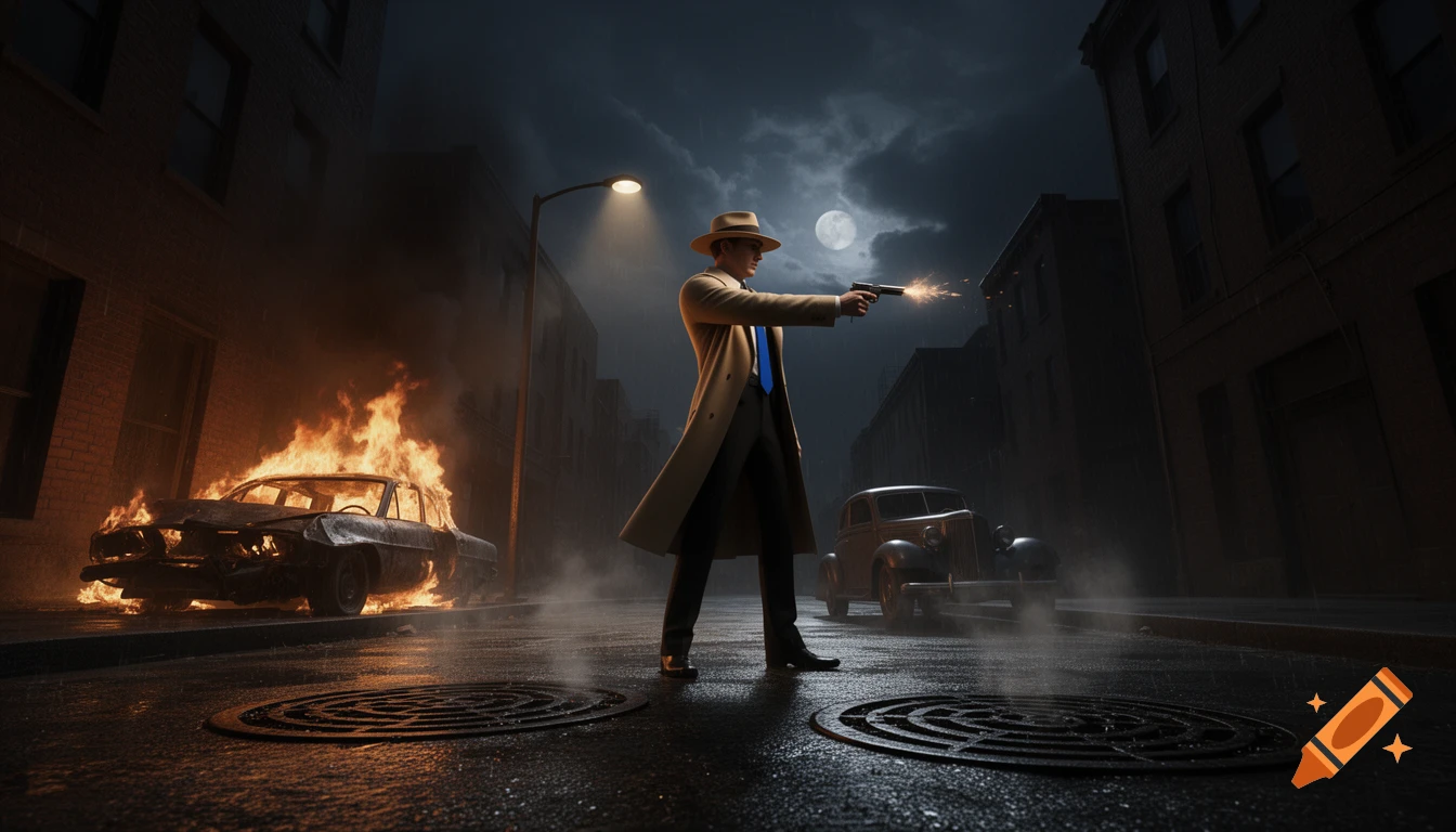 A trench-coated gangster in a fedora fires a pistol on a wet, dark film noir city street at night, with a burning car and a vintage automobile.