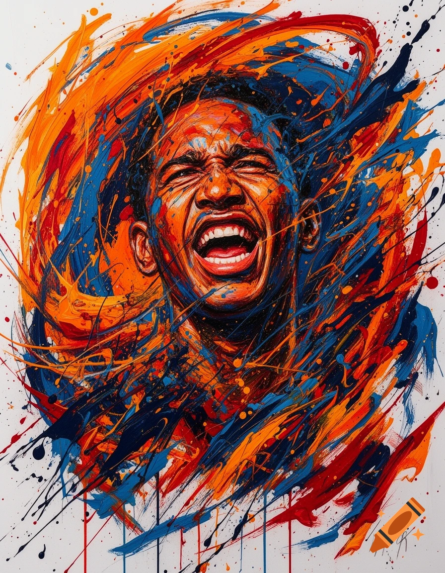 Vibrant action painting of a person's face screaming, surrounded by energetic blue, orange, and red paint splatters.