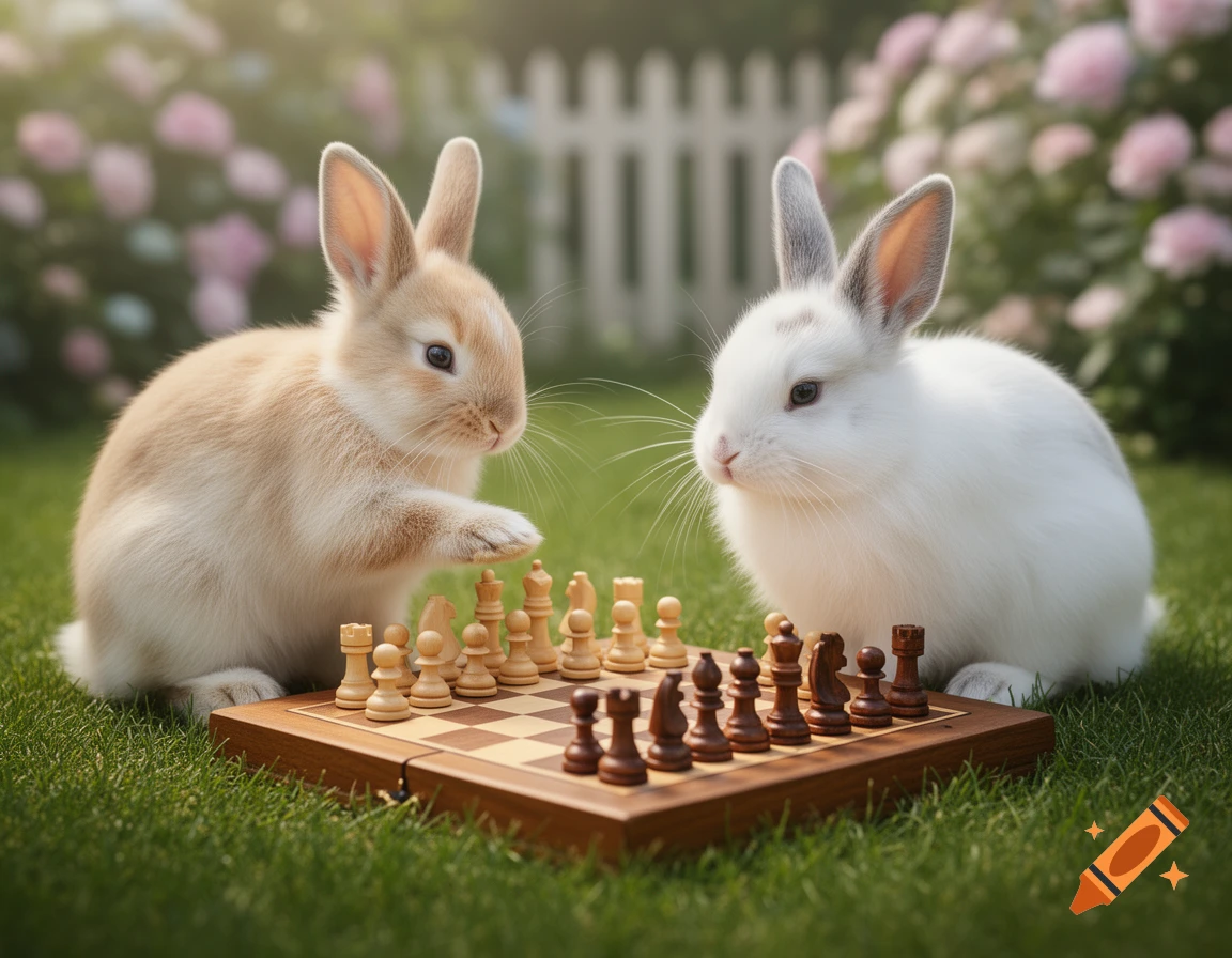 Two photorealistic bunnies playing chess on a chessboard on green grass in a garden with flowers in the background.