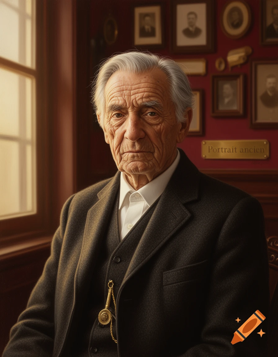 Photorealistic portrait of a serious elderly man with white hair in a dark suit, seated in a room with framed photos on a red wall.