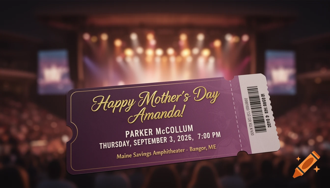 A concert ticket for Parker McCollum on Thursday, September 3, 2026, at Maine Savings Amphitheater, addressed "Happy Mother's Day Amanda!"