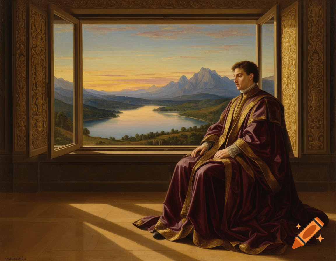 A Renaissance-style painting of a man in a purple robe sitting by an open window, overlooking a serene lake and mountains at sunset.