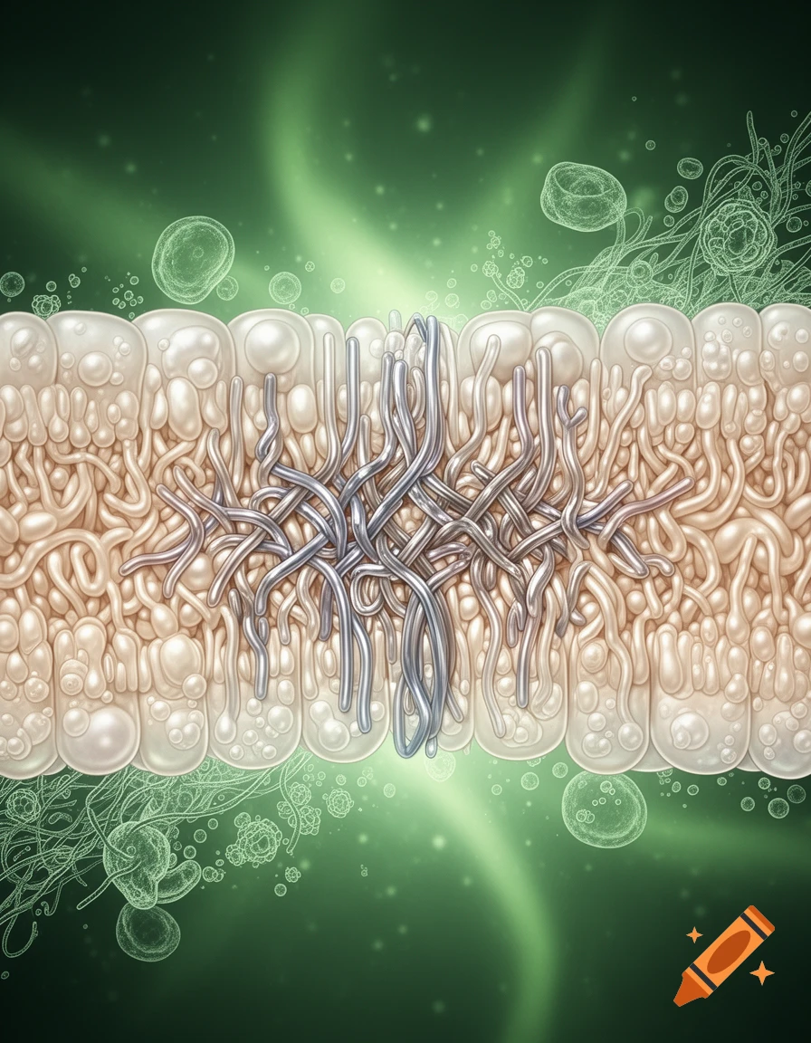 Detailed illustration of a biological membrane with tight junctions and surrounding cells, against a glowing green background.