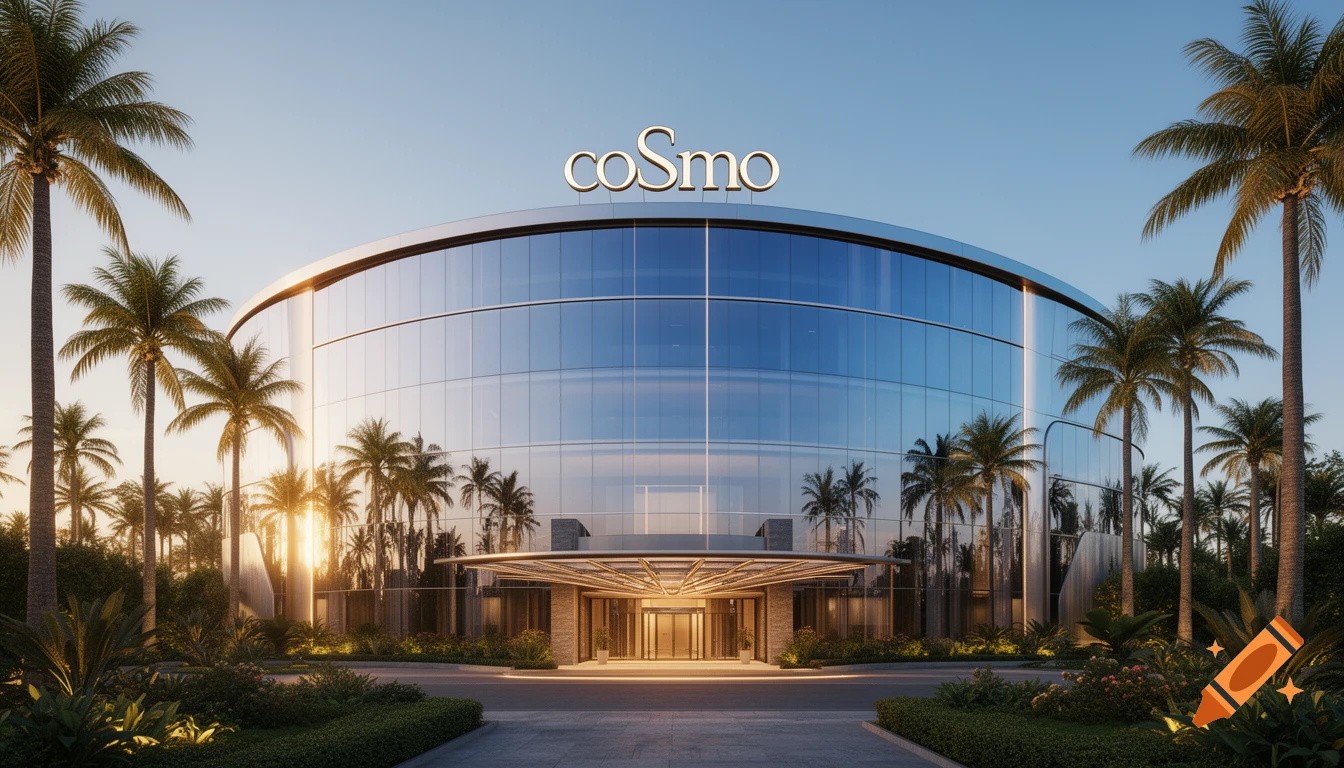 Photorealistic image of a curved glass luxury hotel named coSmo, surrounded by palm trees and lush landscaping at golden hour.