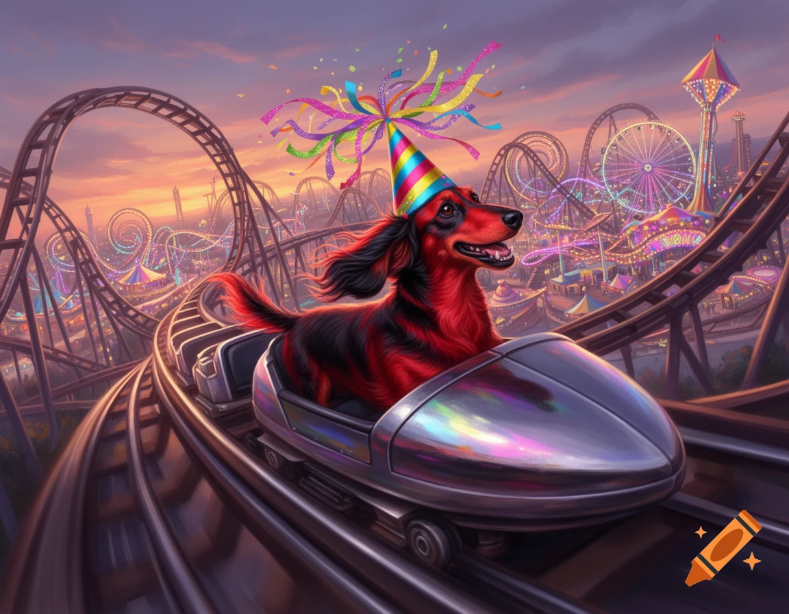 A red and black long-haired dachshund wearing a colorful party hat rides a rollercoaster, overlooking a vibrant amusement park at dusk.