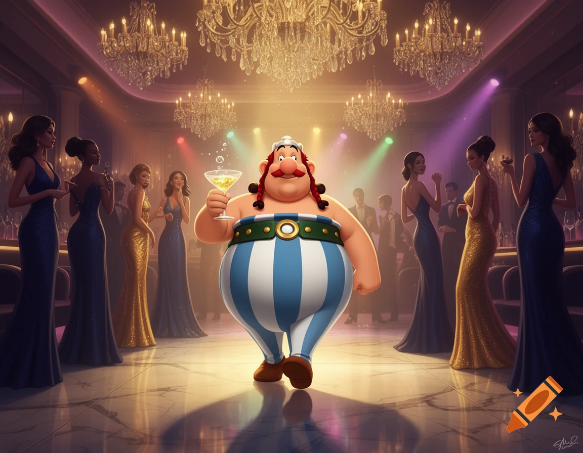 A smiling, portly cartoon man resembling Obelix, wearing striped pants, holds a champagne glass in a luxurious club filled with elegant guests.