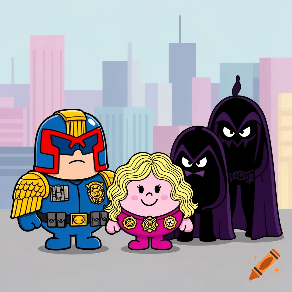 Mr. Men style cartoon characters: Judge Dredd, a blonde woman, and two dark hooded figures stand in front of a city skyline.