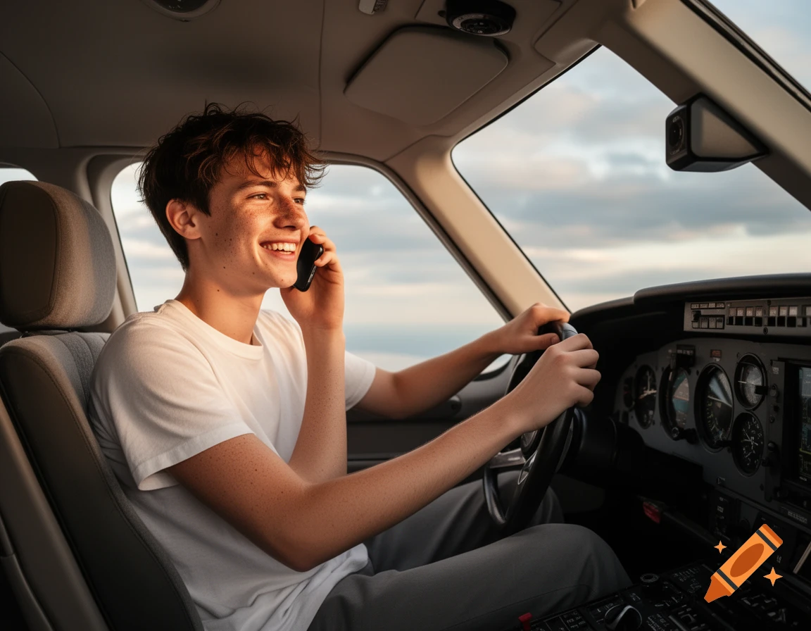 Young man smiling and talking on a smartphone while piloting a small plane at sunset.