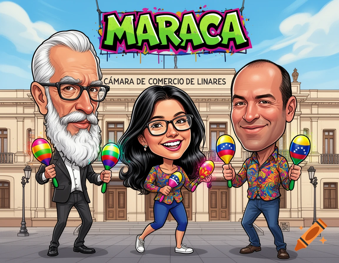 Cartoon caricatures of an older bearded man, a young woman, and a bald man, all holding maracas, in front of a building.