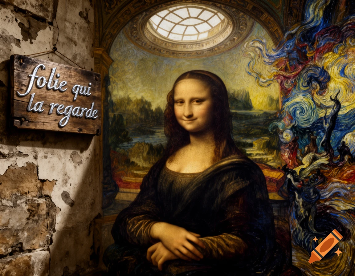 Mona Lisa in a surreal room with a peeling wall, a Starry Night-style painting, and a sign saying 'folie qui la regarde'.