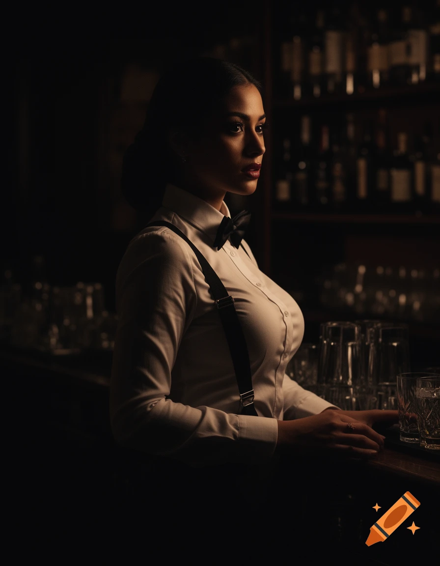 A woman bartender in a white shirt, black bow tie, and suspenders, standing in a dimly lit bar with dramatic lighting.