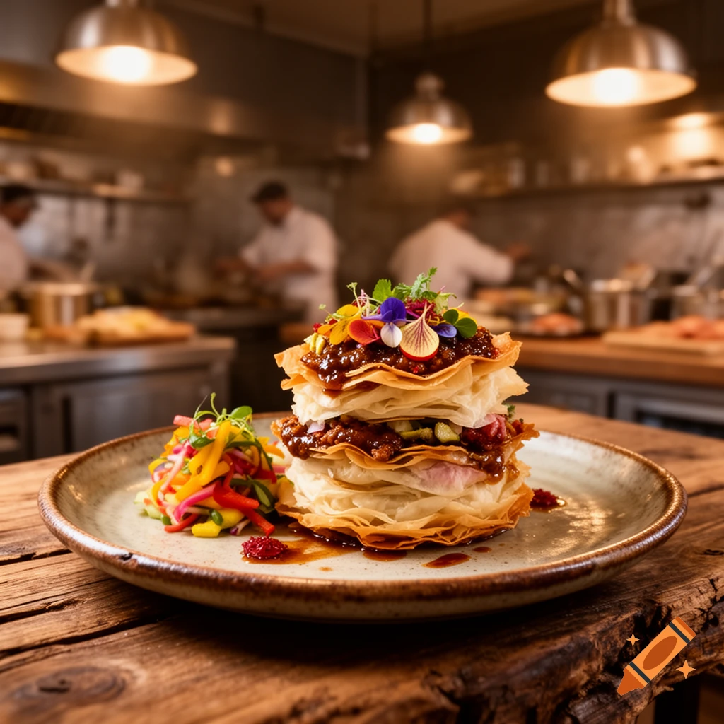 A gourmet dish with flaky pastry layers, a savory filling, and colorful floral and vegetable garnishes, on a wooden table in a blurred kitchen background.