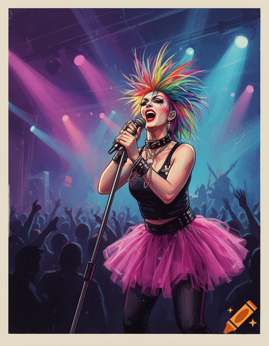 A vibrant illustration of a punk singer with rainbow hair on stage, holding a microphone, wearing a black top and pink tutu, performing for a crowd.