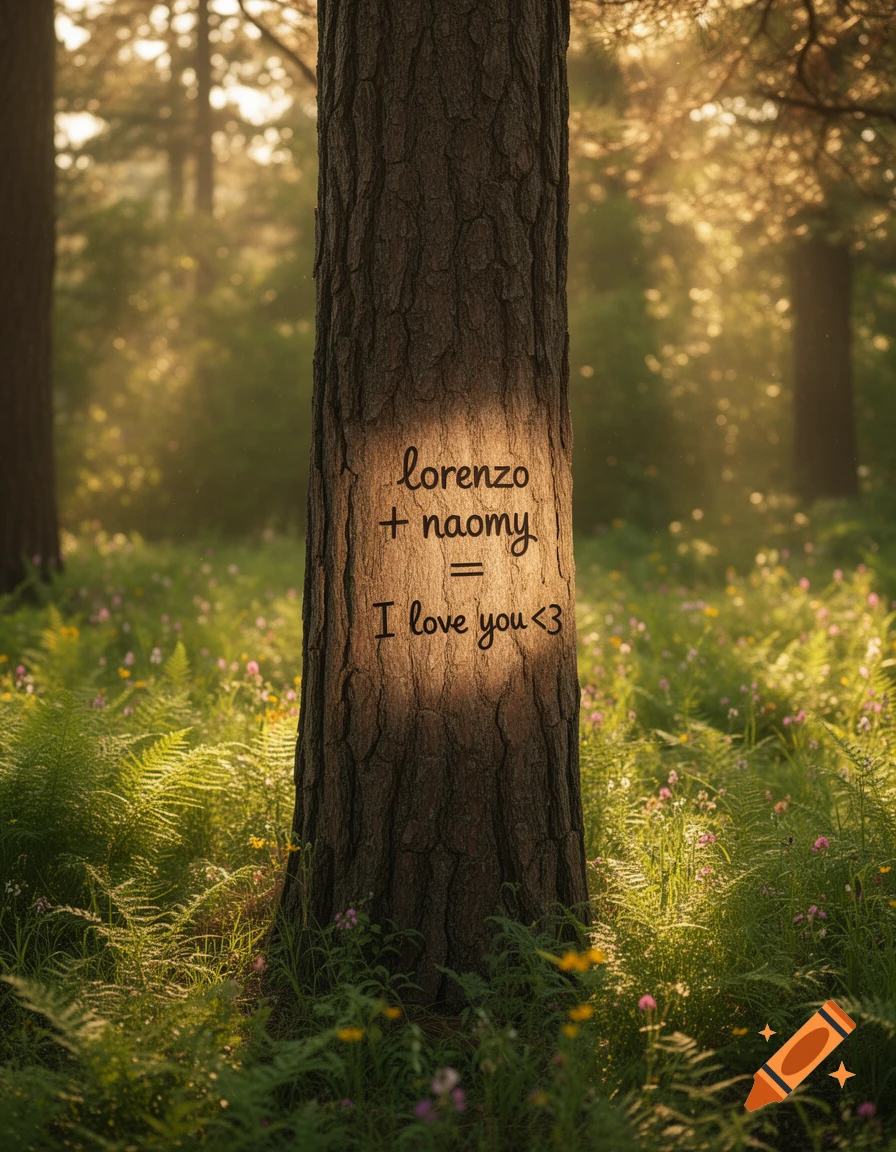 A sunlit forest with a tree trunk in the center, bearing the inscription 'lorenzo + naomy = I love you <3' in a glowing patch.