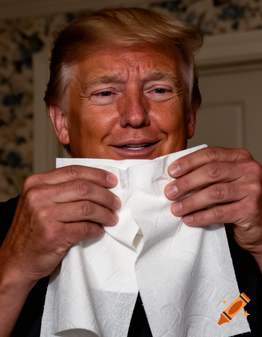 Smiling Donald Trump holds a sheet of white paper towel to his face, looking into the camera.