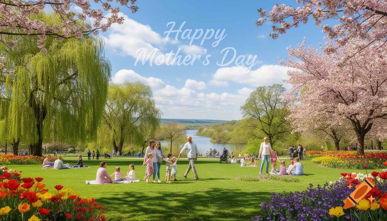 A sunny spring park scene with families, colorful flowers, cherry blossoms, and a river. 'Happy Mother's Day' text in the sky.
