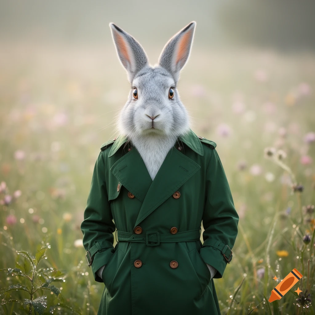 Photorealistic anthropomorphic gray bunny in a green trench coat, standing in a dewy field of grass and wildflowers.