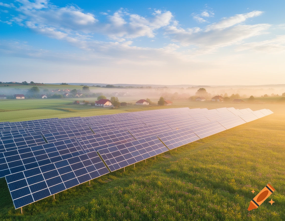 A vast field of blue solar panels stretches across a green landscape with scattered houses under a partly cloudy sky at sunrise.