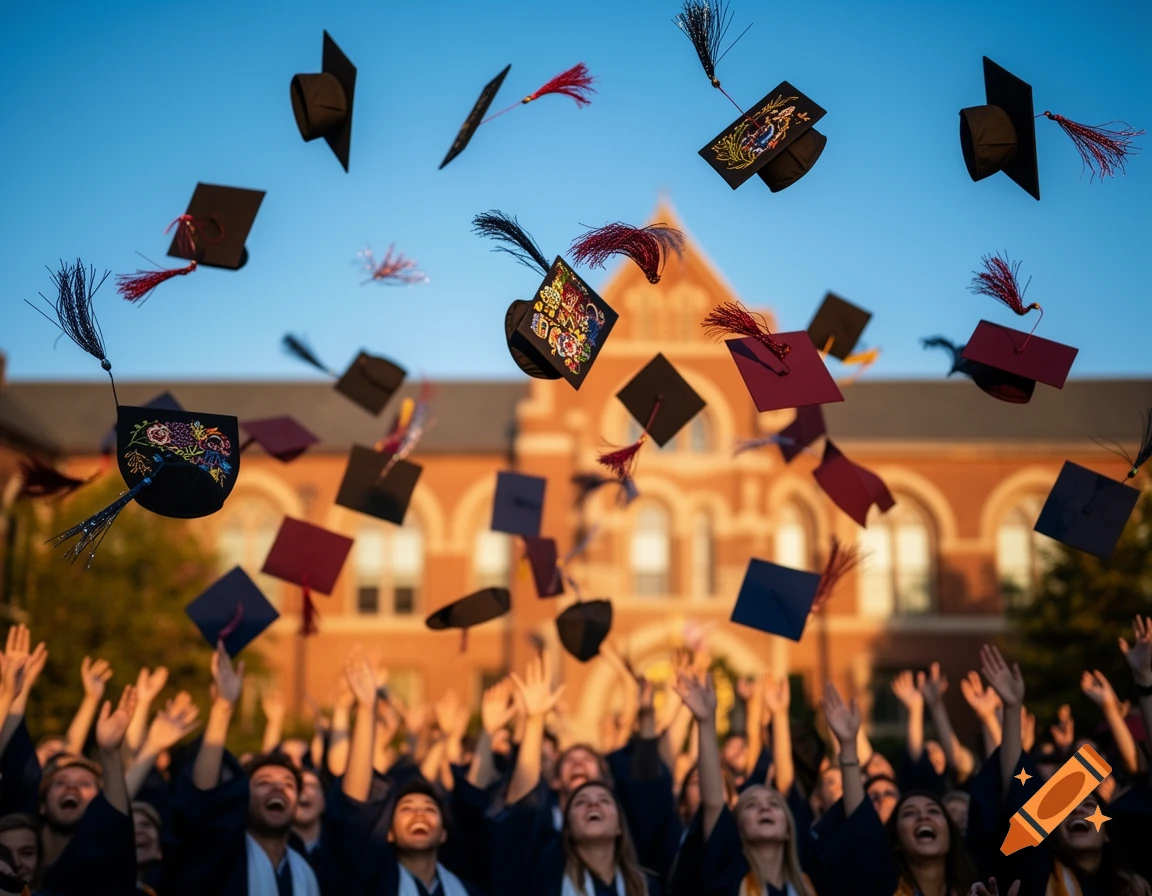 Excited graduates in gowns throw their caps into the air against a blue sky, a building in the background.