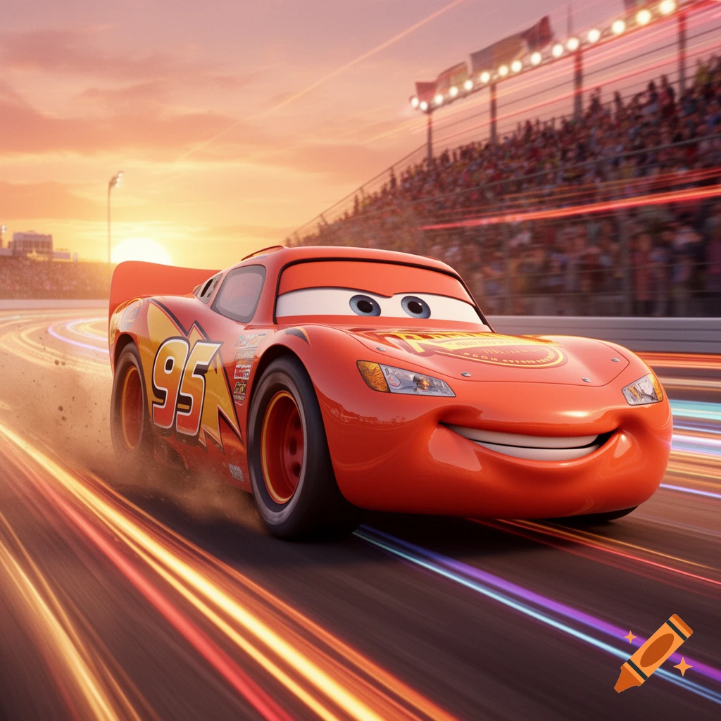 Lightning McQueen, a red animated race car, speeds on a track with motion blur and light streaks at sunset, past a stadium crowd.