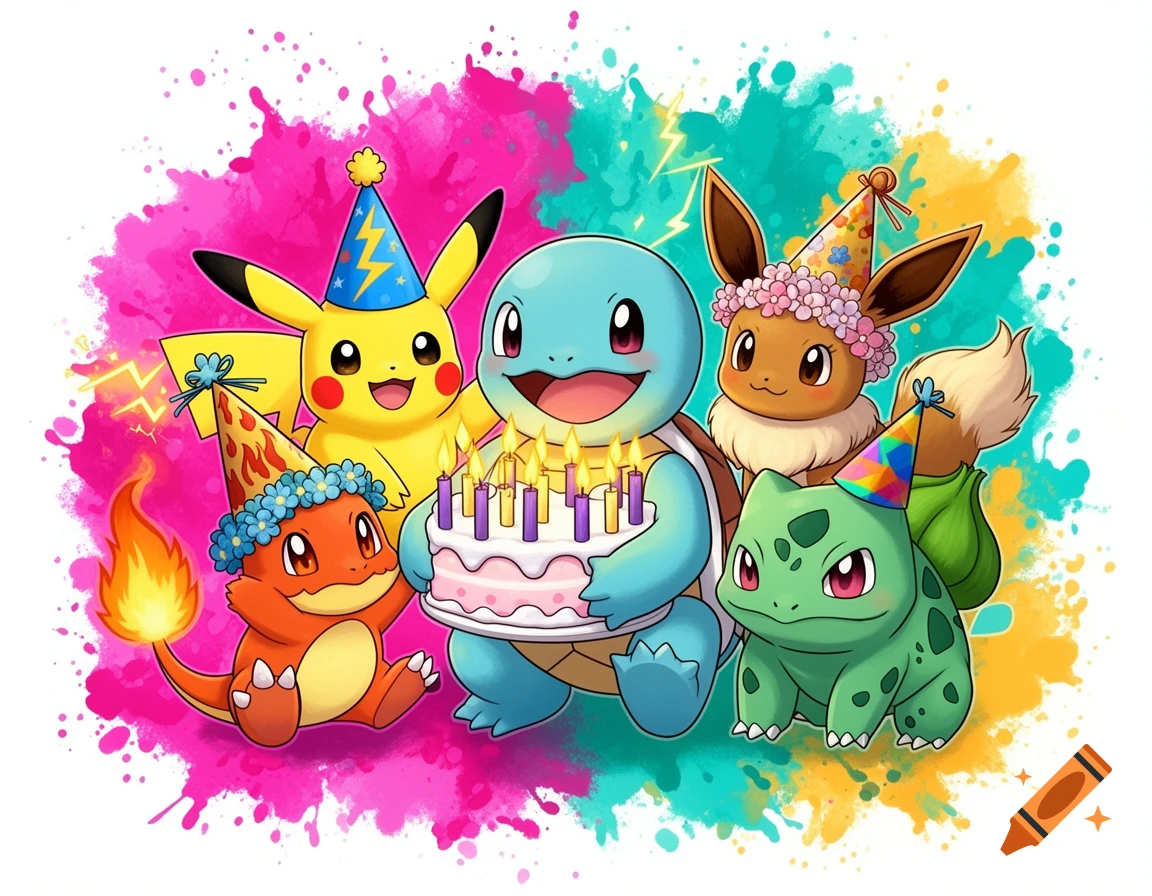 Cartoon Pokemon characters, including Squirtle with a cake, Pikachu, Eevee, Bulbasaur, and Charmander, all wearing party hats on a colorful splash background.