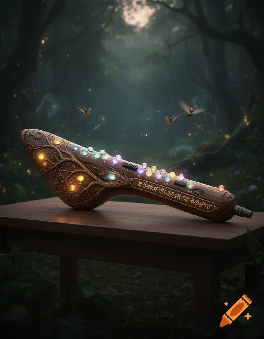 A magical, root-like wooden instrument with glowing crystals rests on a table in a mystical forest, with hummingbirds nearby.