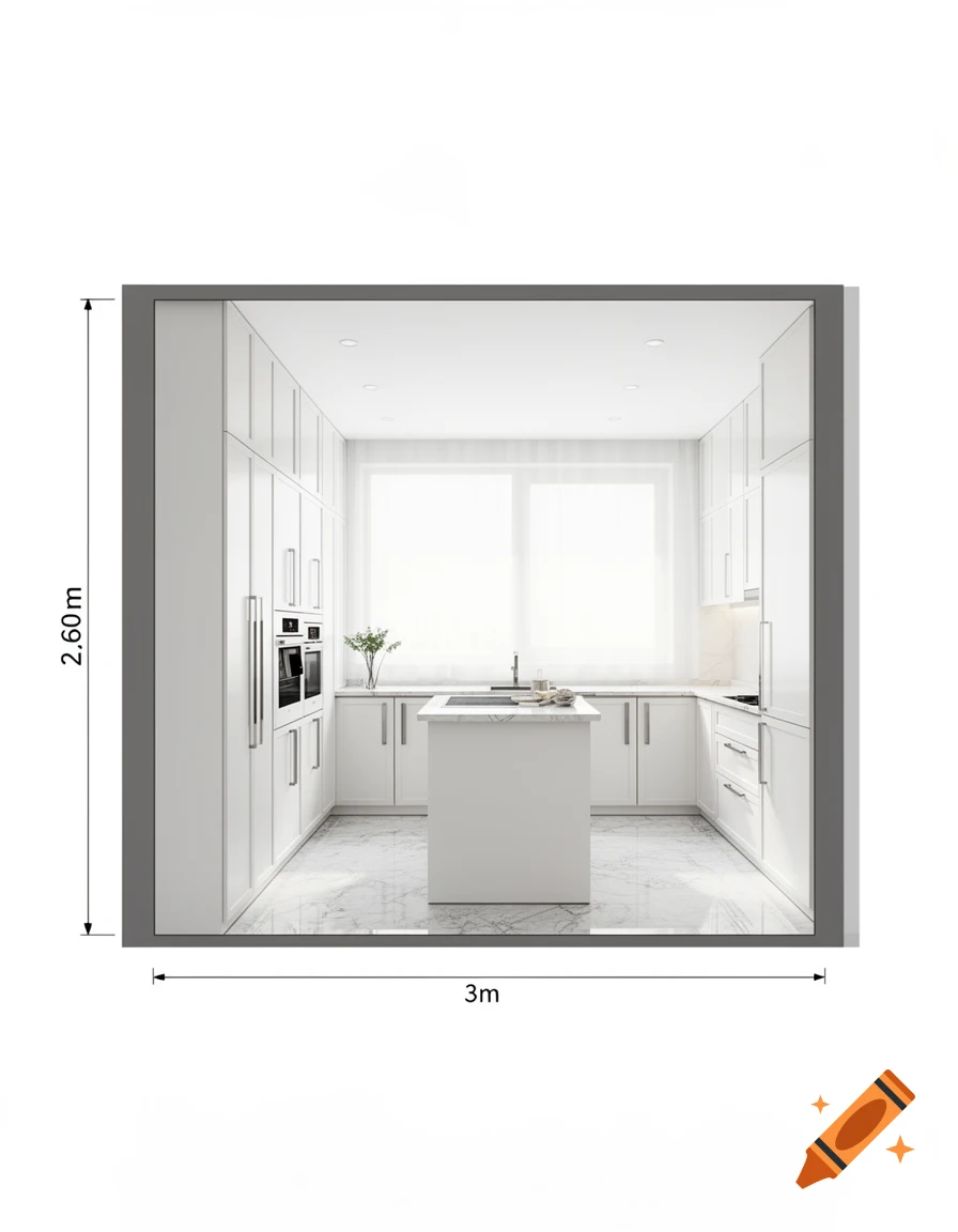 Architectural schematic of a modern white kitchen with a central island, showing dimensions 3m length and 2.60m width.
