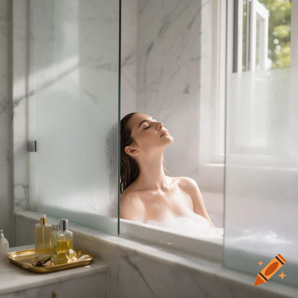 A woman with wet hair relaxes with her eyes closed in a bubble bath in a luxurious, bright marble bathroom.