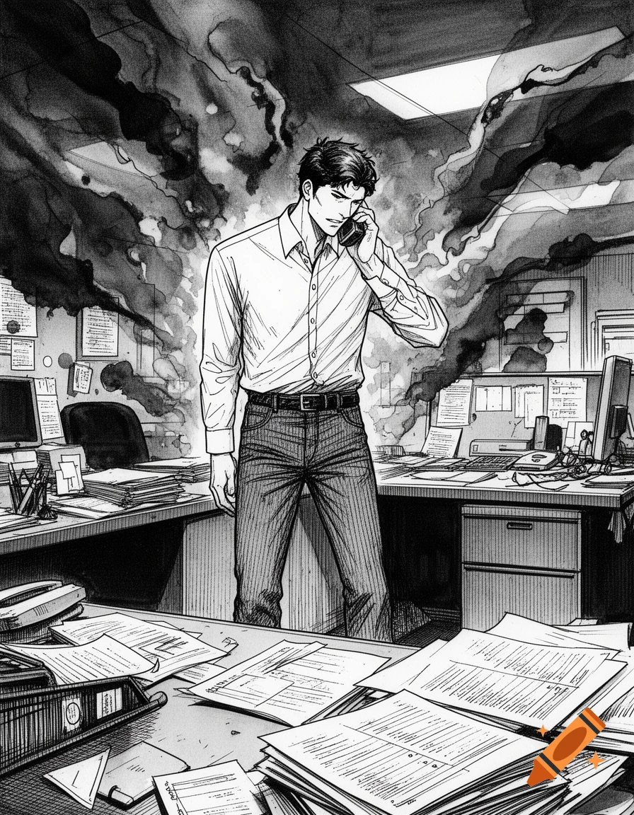 A dramatic black and white ink drawing of a man on the phone in a cluttered, smoky office.