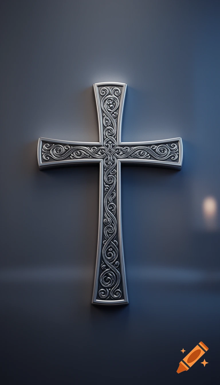 A detailed, ornate silver cross with swirling patterns on a dark gray background.