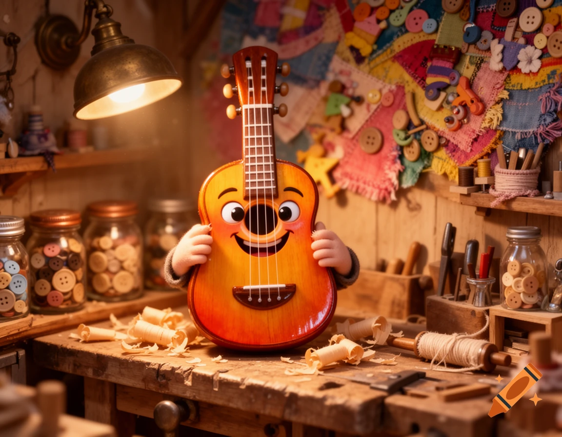 A smiling cartoon guitar with small hands sits on a wooden workbench, surrounded by craft supplies in a cozy workshop.