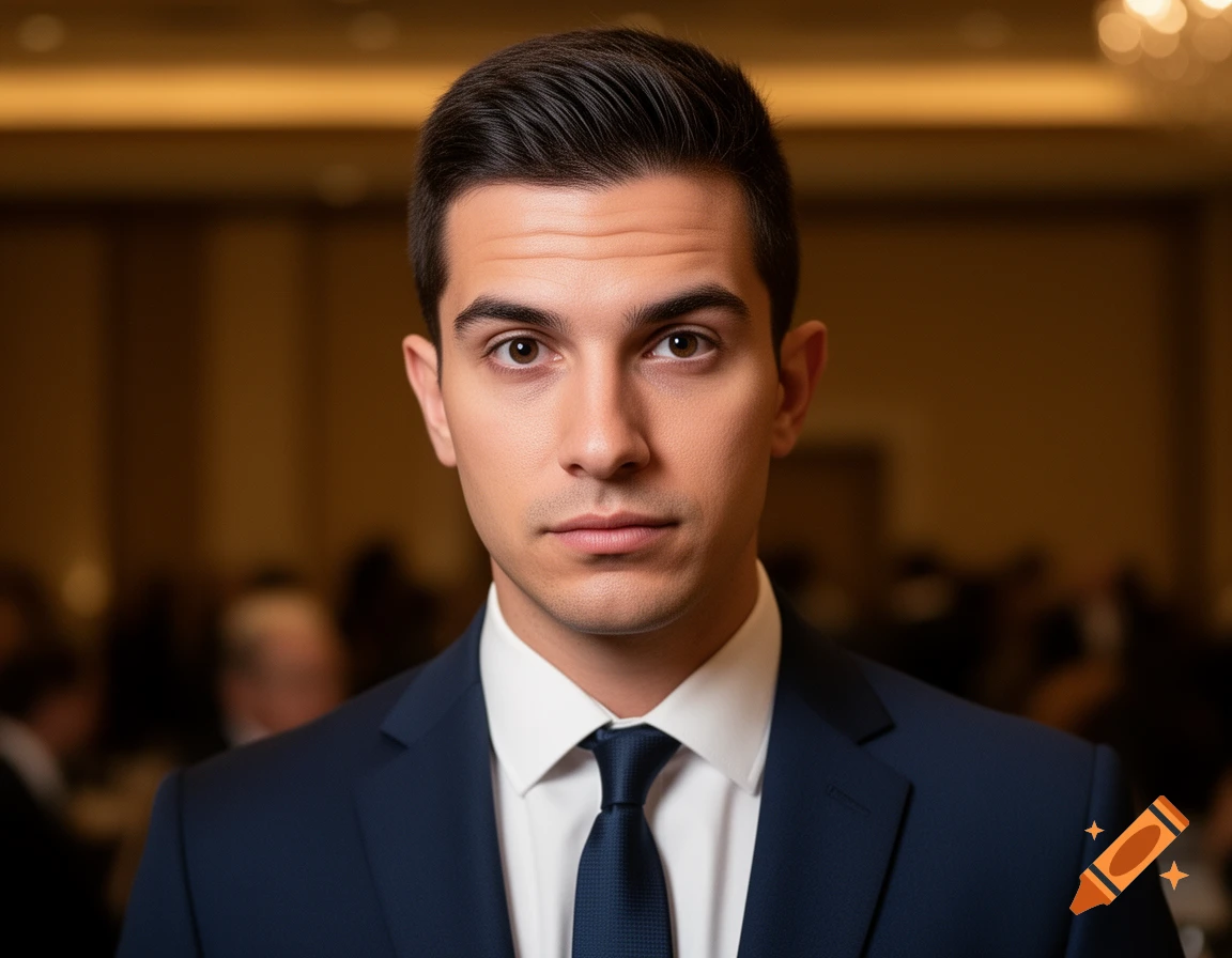 A photorealistic portrait of a young man in a dark blue suit and tie, looking directly at the viewer in a blurred indoor setting.