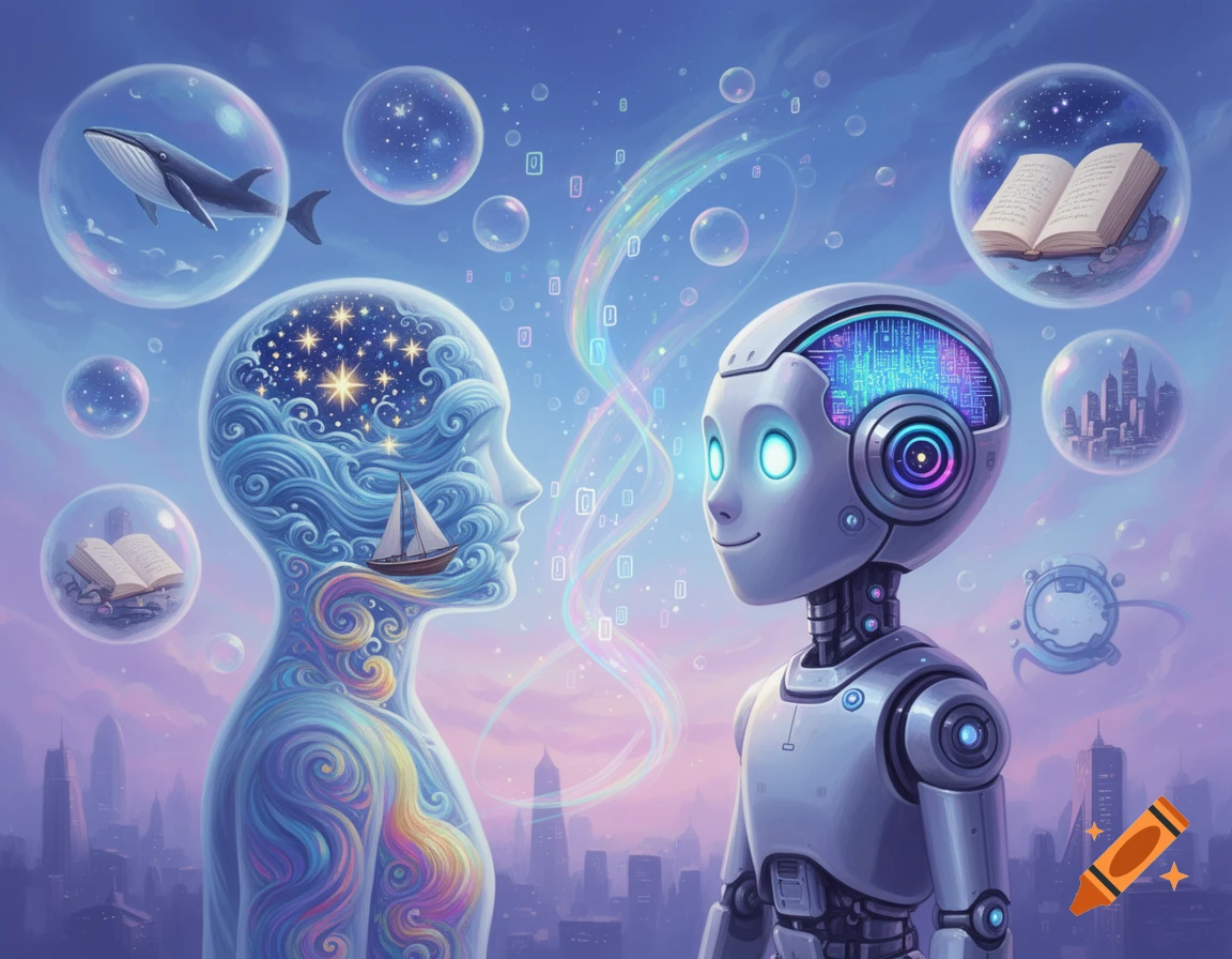 Digital art of an abstract human-like figure and a robot connected by light, surrounded by dream bubbles with whales, books, and cityscapes against a surreal sky.